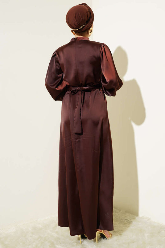 Basic Satin Dress with Gathered Belt Brown