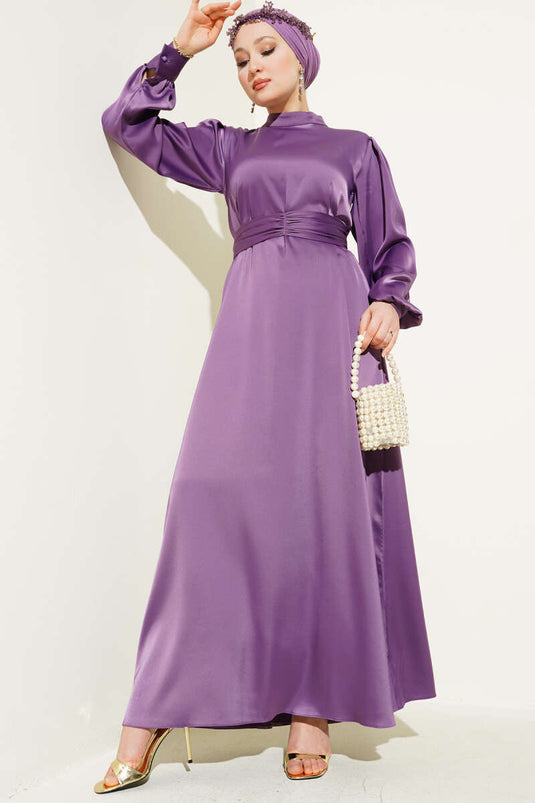 فستان ساتان أساسي مع حزام مجمع - أرجواني