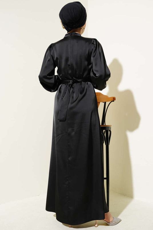 Basic Satin Dress with Gathered Belt Black