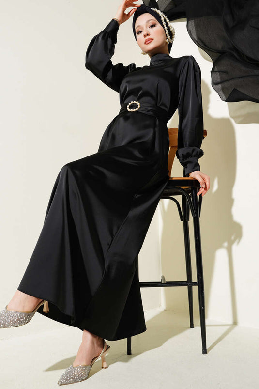 Basic Satin Dress with Gathered Belt Black
