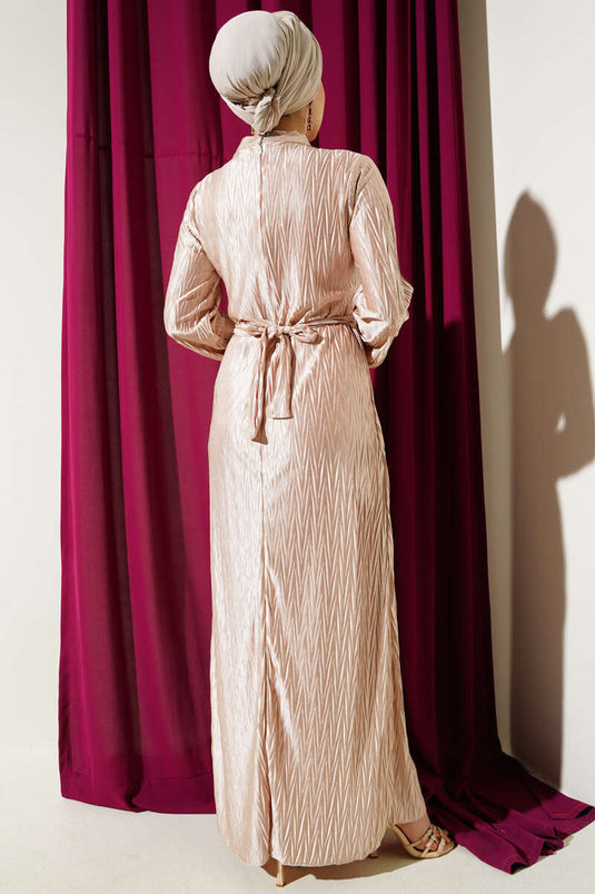 Pleated Dress with Belt Beige