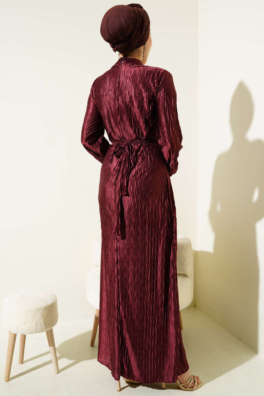 Ruffled Pleated Dress with Belt Burgundy