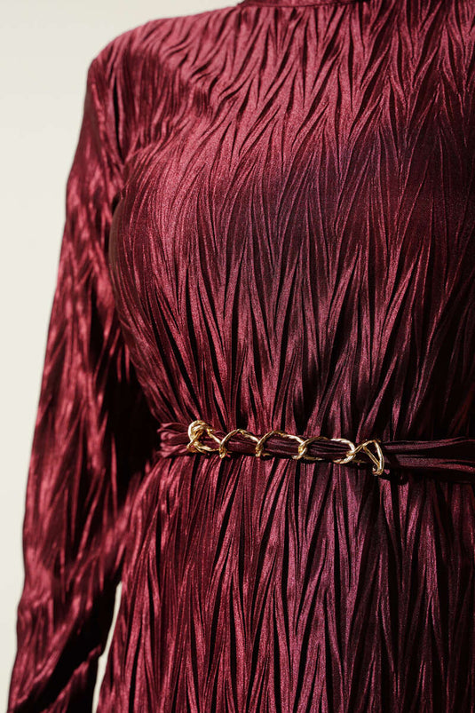 Ruffled Pleated Dress with Belt Burgundy