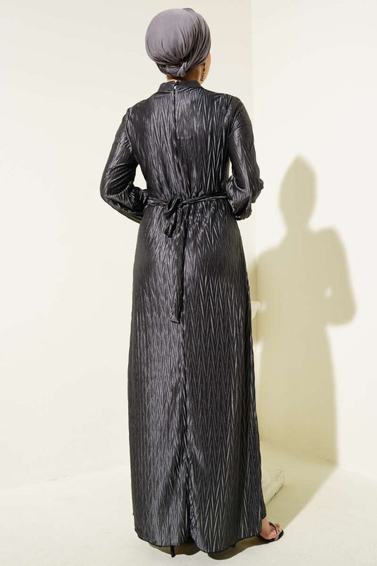 Gathered Pleated Belted Dress Charcoal