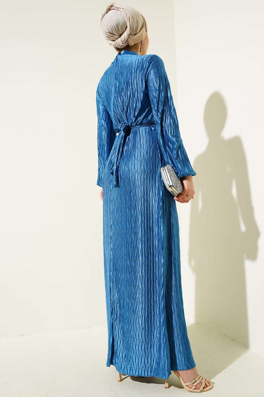 Gathered Pleated Belted Dress Indigo