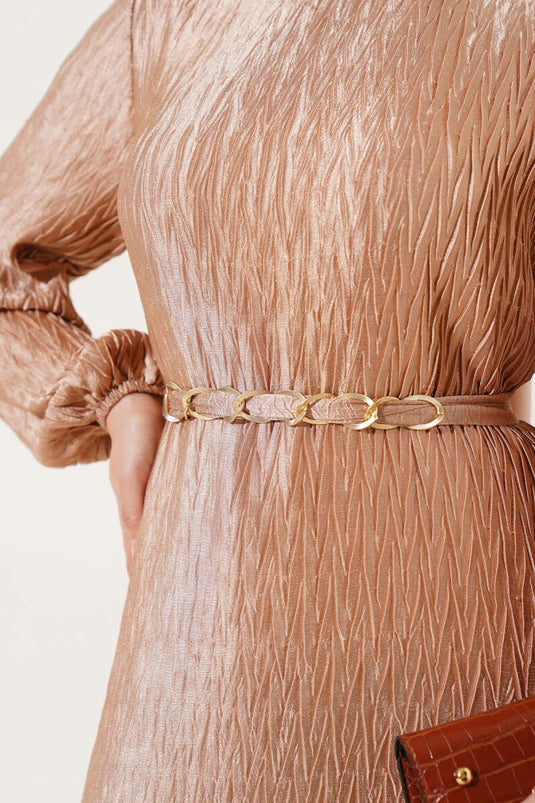 فستان مطوي بحزام بيج