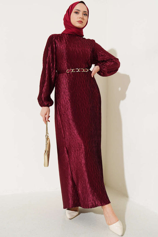 Pleated Belted Dress Burgundy
