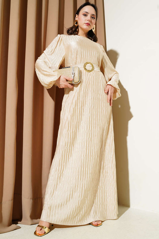 Pleated Satin Look Dress Beige