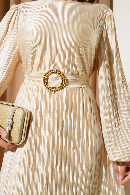 Pleated Satin Look Dress Beige