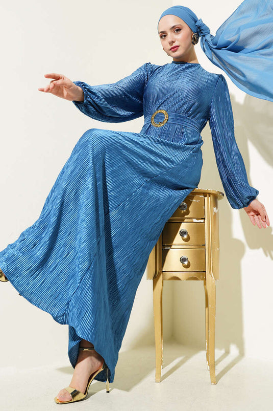Pleated Satin Look Dress Indigo