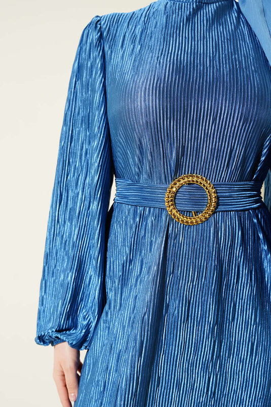 Pleated Satin Look Dress Indigo