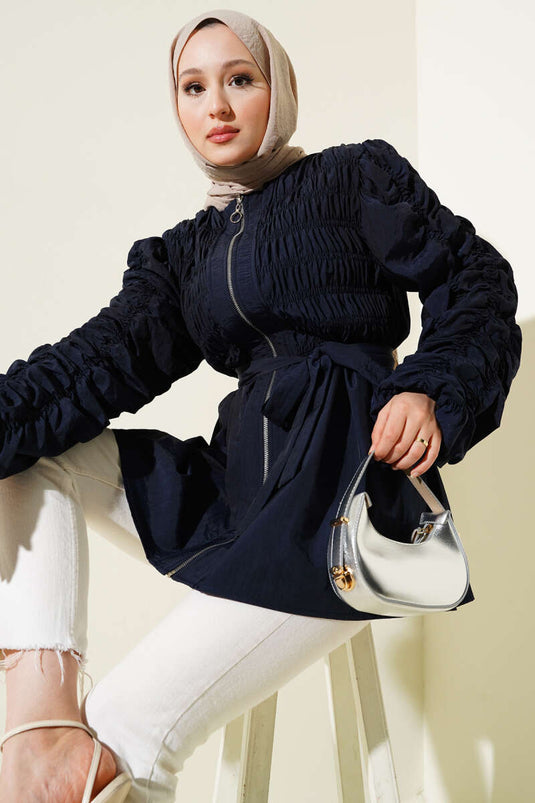 Drawstring Zippered Belted Jacket Navy Blue