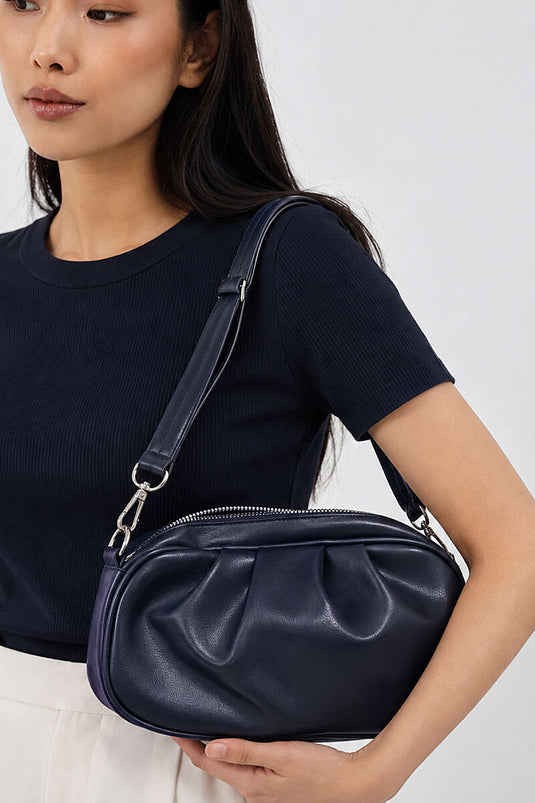 Belted Zippered Oval Bag Navy