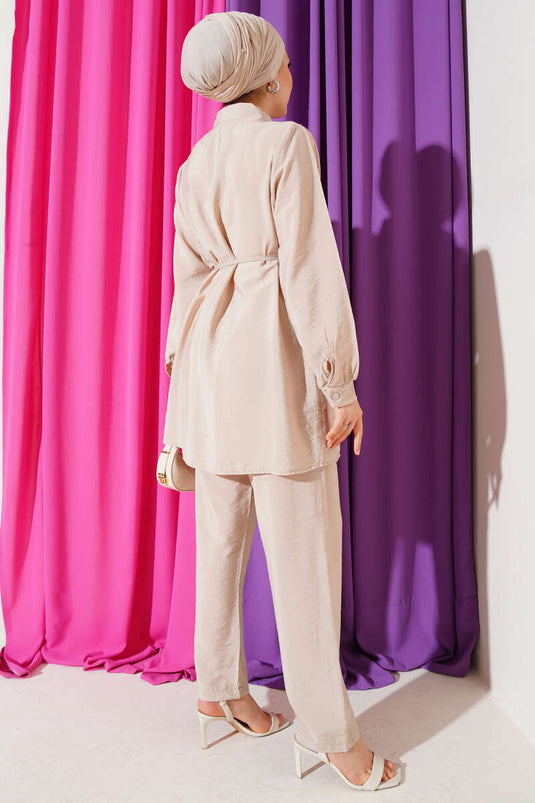 Büzgülü İp Kuşaklı Basic İkili Takım Bej