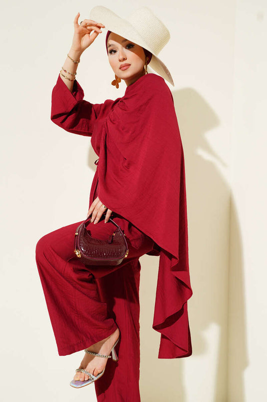 Pleated Shoulder Cape Two Piece Suit Claret Red