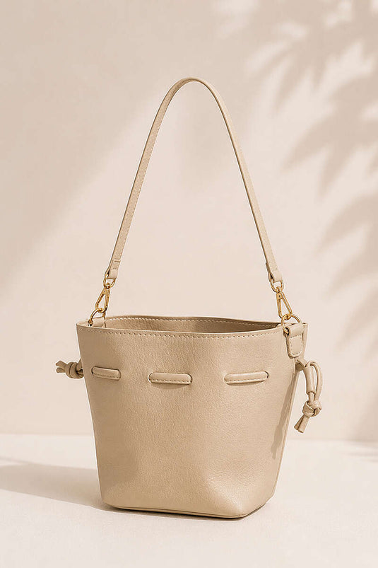 Beige Lange Handtas Met Trekkoord Voor Dames