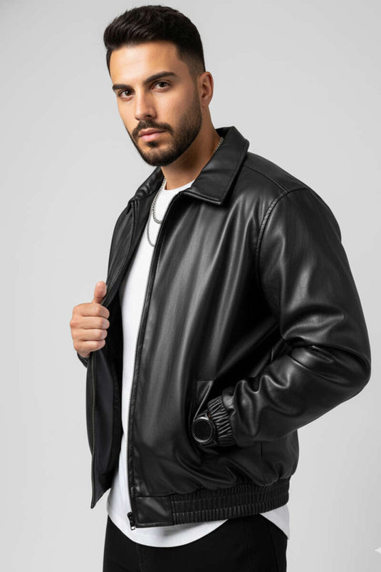 جاكيت رجالي من الجلد مع حزام خصر مطاطي، أسود