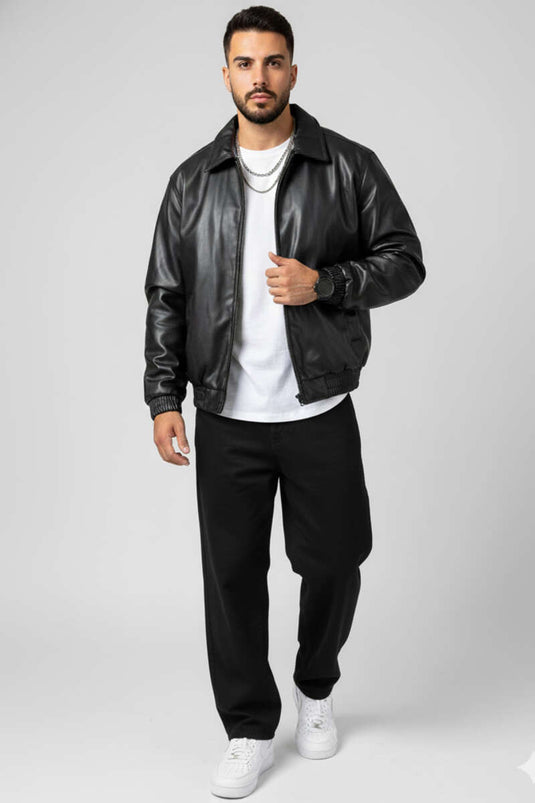 Men's Leather Jacket with Elastic Waistband, Black