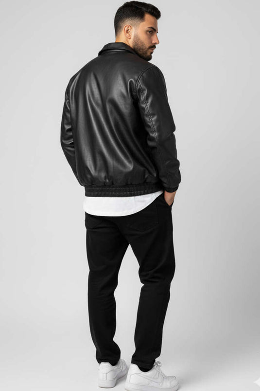 Men's Leather Jacket with Elastic Waistband, Black