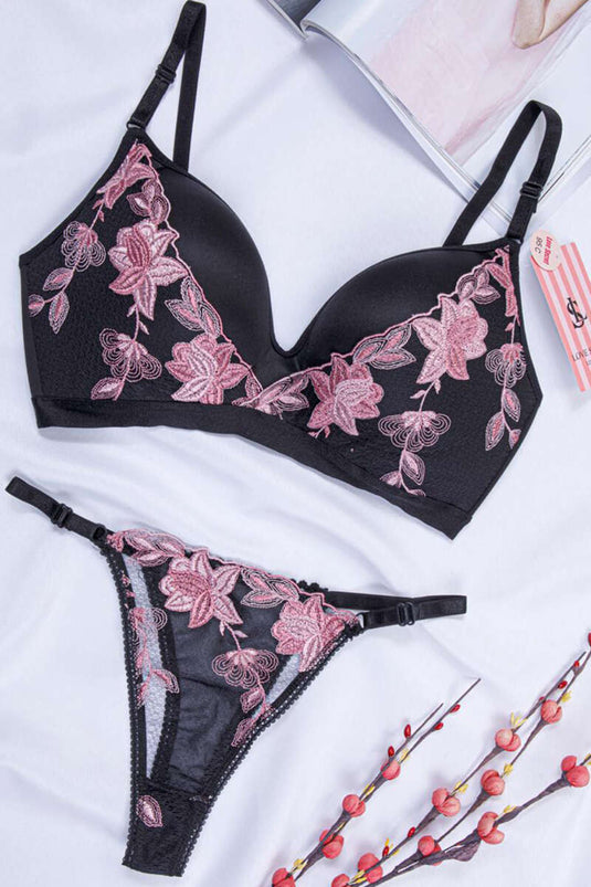 C Cup Dantelli Desteksiz Lotus Sütyen Takım Siyah Pudra