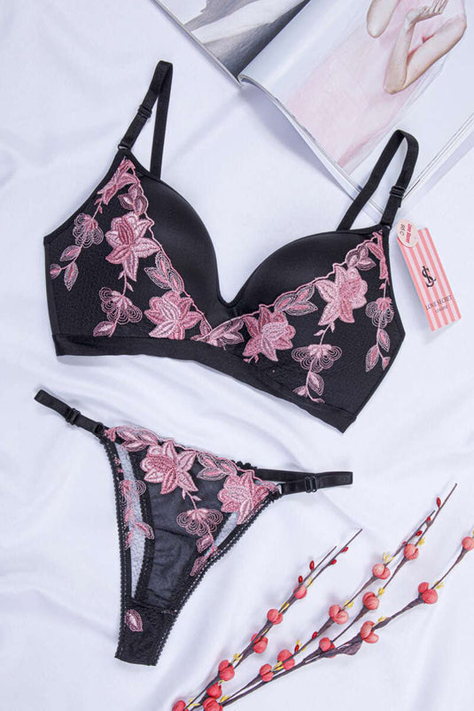 C Cup Dantelli Desteksiz Lotus Sütyen Takım Siyah Pudra