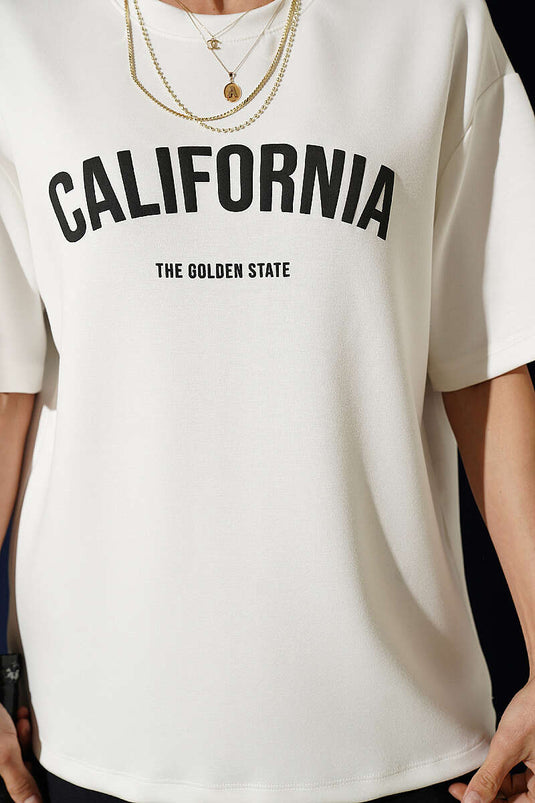 California Baskılı Modal T-shirt Ekru