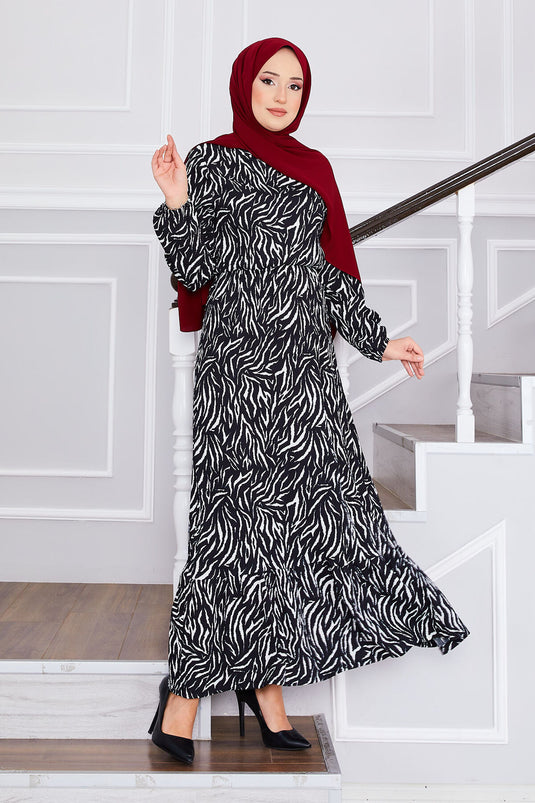 Cracked Patterned Ruffled Modest Dress Black