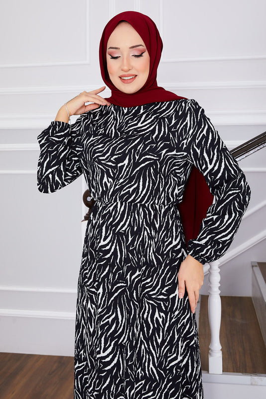 Cracked Patterned Ruffled Modest Dress Black