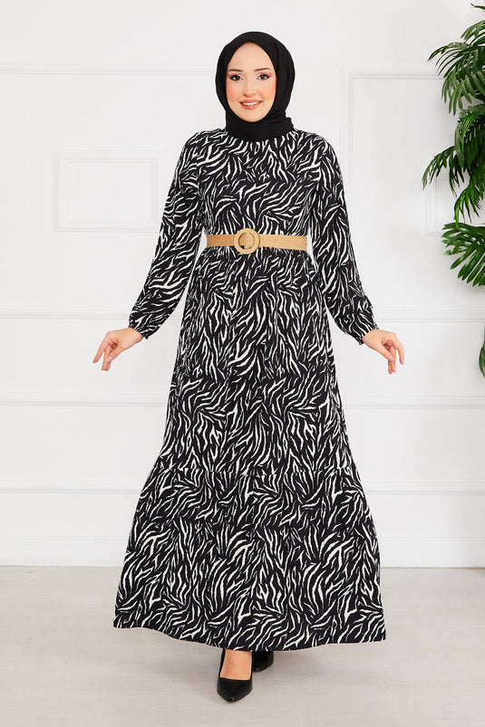 Black Cam Break Patterned Belted Ruffled Modest Dress