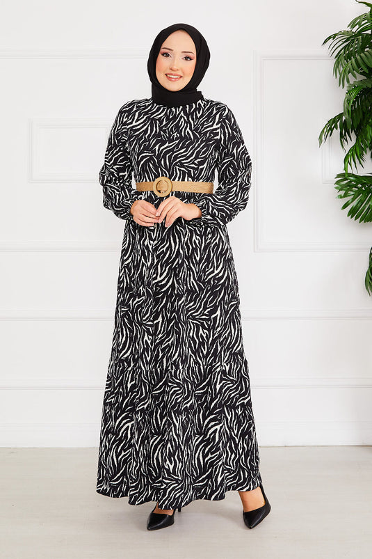 Black Cam Break Patterned Belted Ruffled Modest Dress