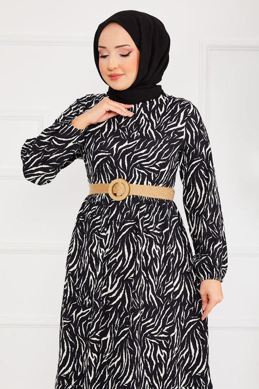 Black Cam Break Patterned Belted Ruffled Modest Dress