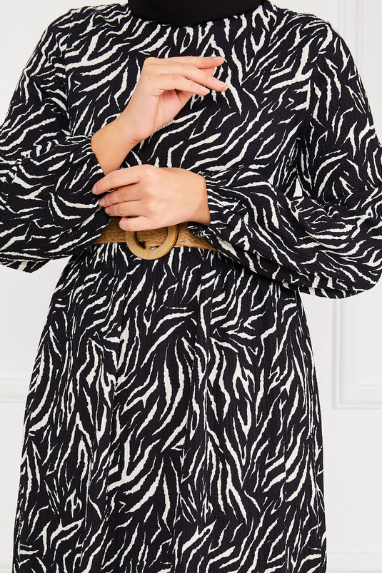 Black Cam Break Patterned Belted Ruffled Modest Dress