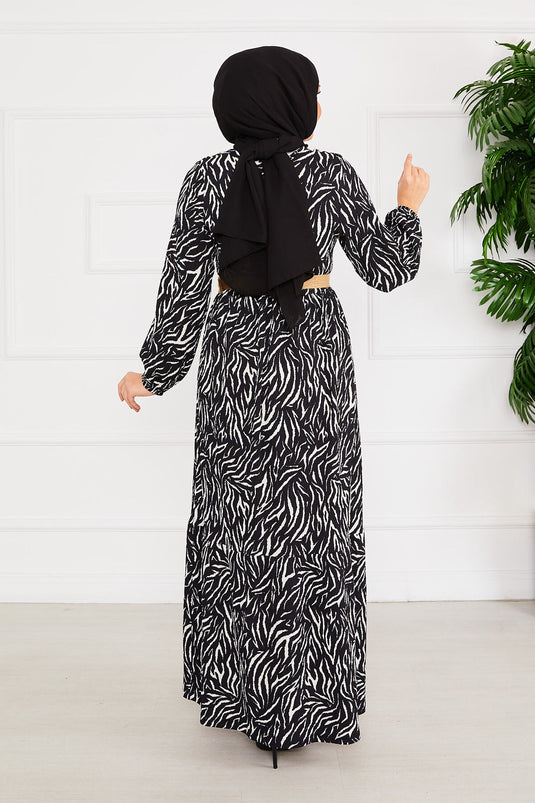 Black Cam Break Patterned Belted Ruffled Modest Dress