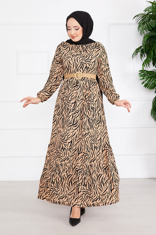 "Patterned Belted Ruffled Modest Dress in Mink"