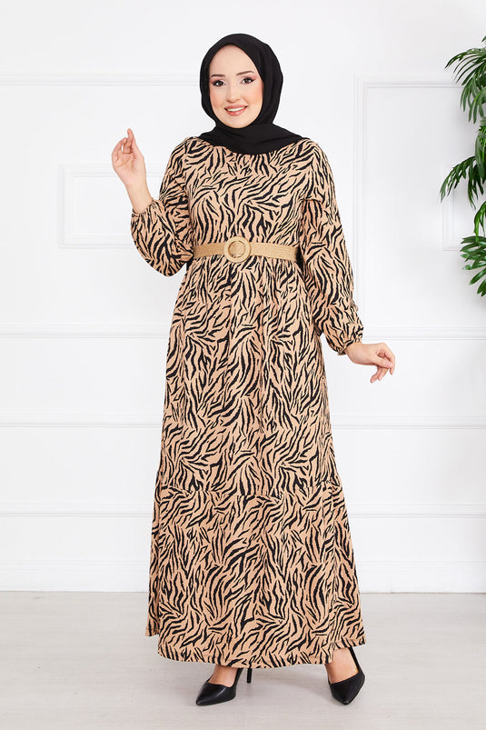 "Patterned Belted Ruffled Modest Dress in Mink"