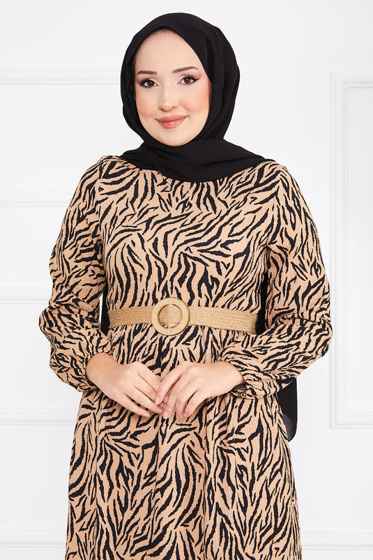 "Patterned Belted Ruffled Modest Dress in Mink"