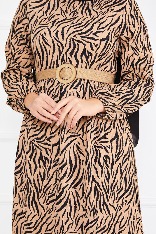 "Patterned Belted Ruffled Modest Dress in Mink"