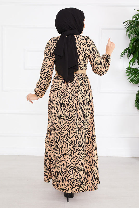 "Patterned Belted Ruffled Modest Dress in Mink"