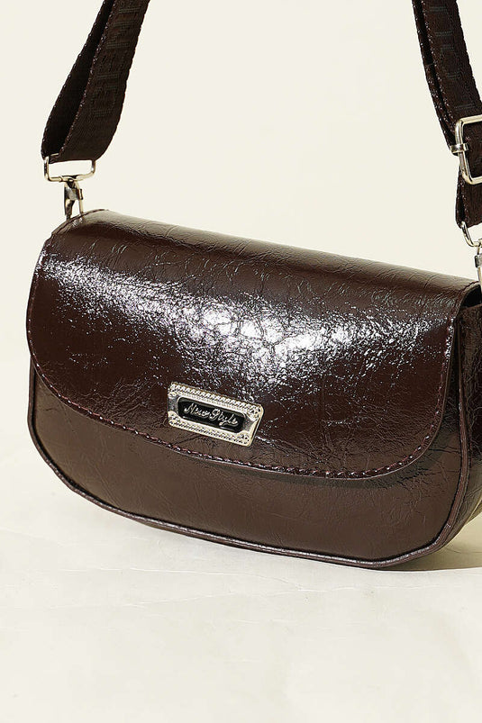 Sac en cuir verni à bandoulière croisée marron foncé