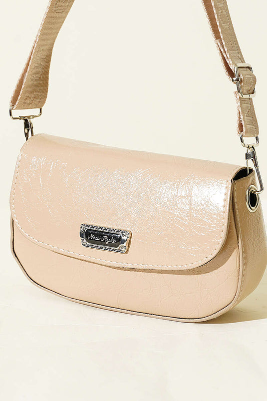Sac en cuir verni à bandoulière croisée beige