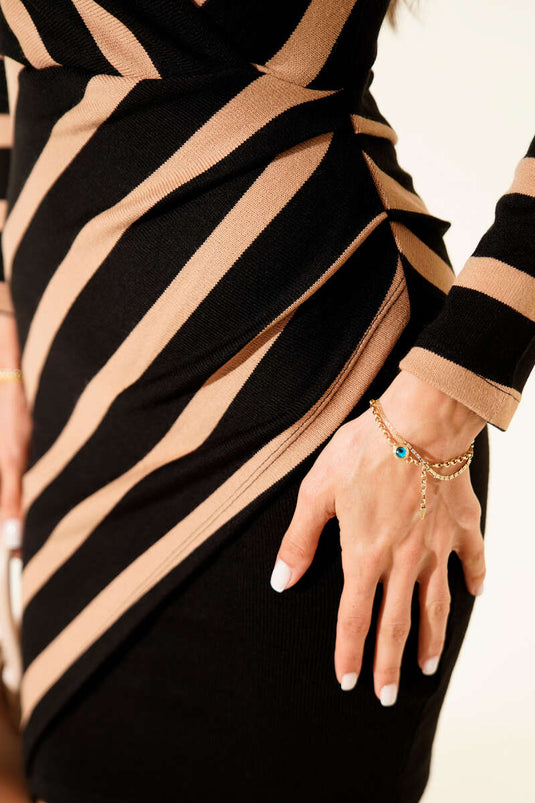 Cross Striped V-Neck Knit Dress Latte