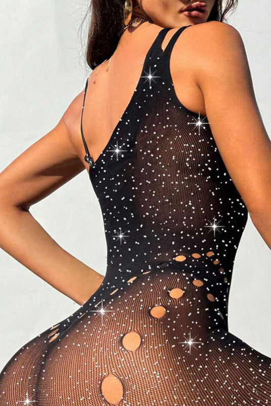 Cross-Neck Embellished Bodystocking Black