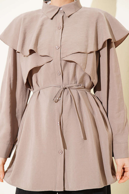 Chemise ceinturée à cordon avec détail croisé, couleur vison