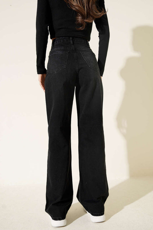 Çapraz Düğme Detaylı Palazzo Kot Pantolon Siyah