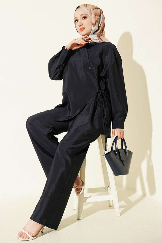 Cross-Buttoned Drawstring Parachute Two-Piece Set Navy Blue
