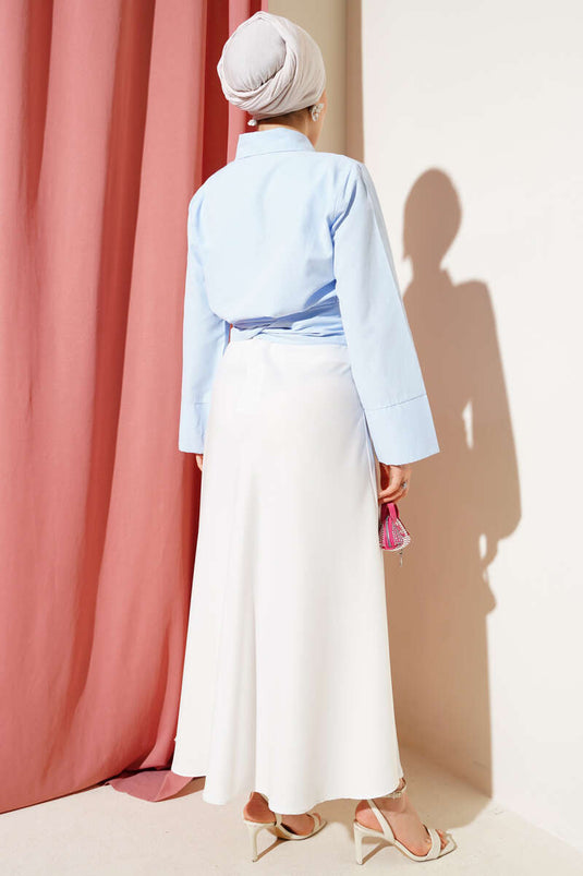 Çapraz Düğmeli Bağlamalı Kısa Gömlek Mavi