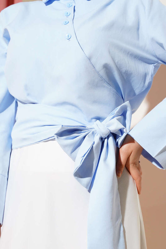 Çapraz Düğmeli Bağlamalı Kısa Gömlek Mavi