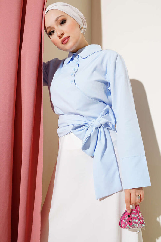 Çapraz Düğmeli Bağlamalı Kısa Gömlek Mavi