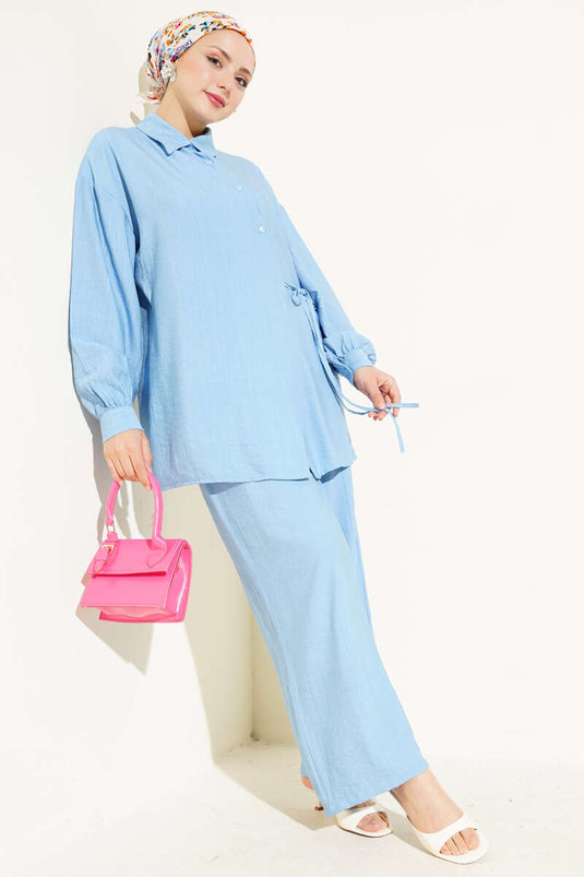 Cross-Buttoned Tie-Up Tunic Two-Piece Set, Baby Blue