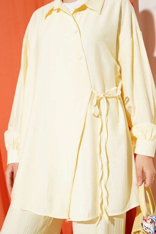 Cross-Buttoned Tie-Up Tunic Two-Piece Set Yellow